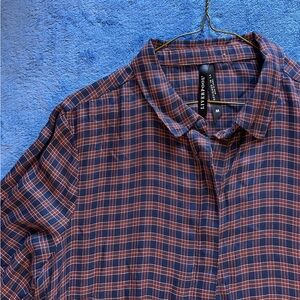 Liverpool Red and Navy Checkered Plaid Long Sleeve Button Down Top